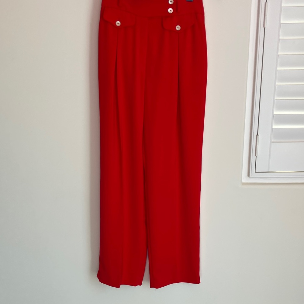 MONDI Vintage Red Pleated High Waisted Full Leg Trousers in Bright Red Size 36IT
